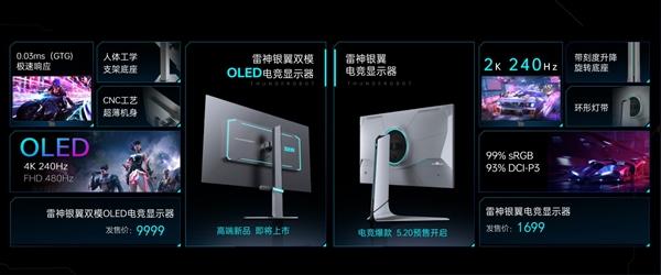 9999元 雷神银翼双模OLED电竞显示器发布：4K 240Hz/FHD 480Hz随心切换